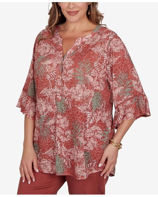 Ruby Rd Red Plus Size Tropical Floral Burnout Split Neck Top