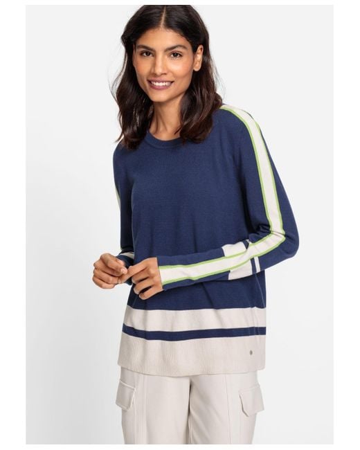 Olsen Blue Long Sleeve Block Stripe Pullover Sweater