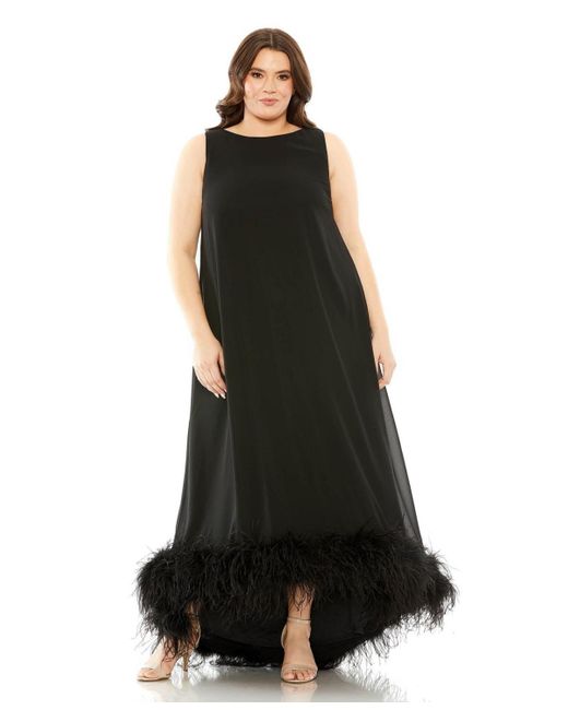 Mac Duggal Black Plus Size High Neck Feather Hem Gown