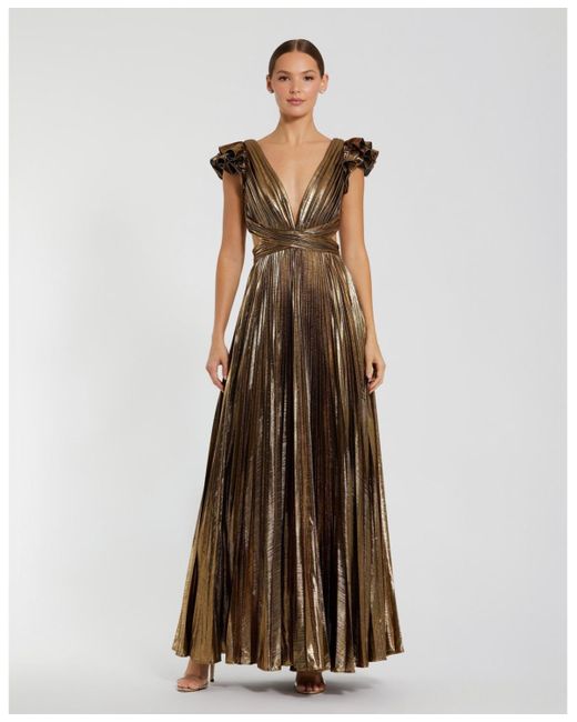 Mac Duggal Natural Ruffle Sleeve Cutout Pleated Metallic Gown