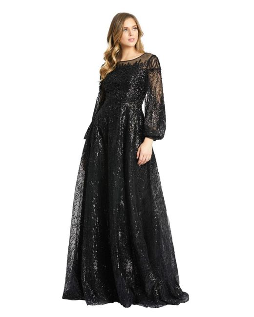 Mac Duggal Black Jewel Encrusted Illusion Long Sleeve A Line Gown