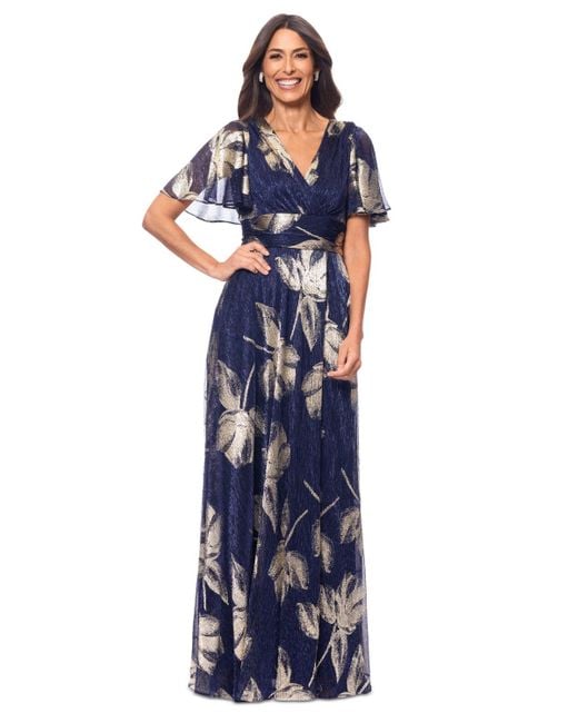 Betsy & Adam Blue Crinkled Flutter-sleeve Gown