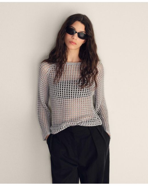Mango Gray Long Sleeve Crochet Sweater