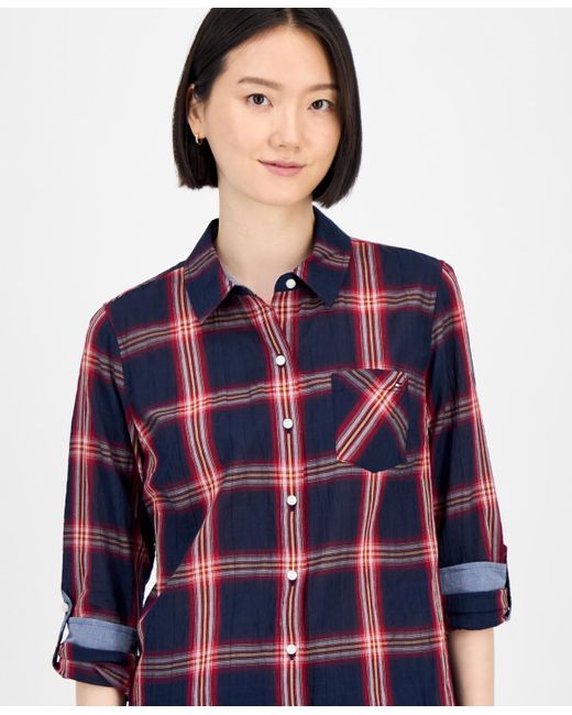 Tommy Hilfiger Blue Crinkled Plaid Button-front Shirt