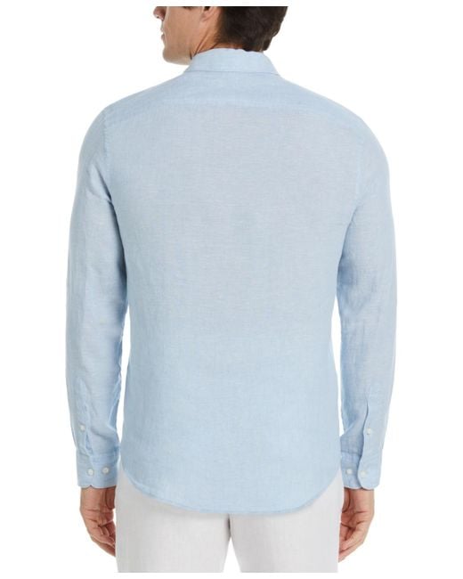Perry Ellis Blue Solid Long Sleeve Linen Button-front Shirt for men