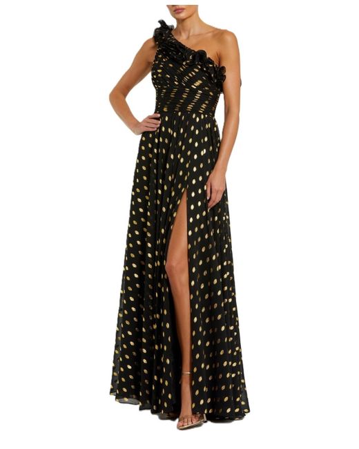 Mac Duggal Black One Shoulder Ruffle Chiffon Gown With Slit