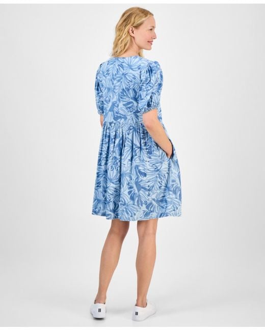 Nautica Blue Palm-print Bow-trim Dress