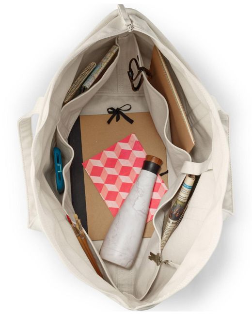 Lands' End Natural Extra Large 5 Pocket Zip Top Long Handle Canvas Tote Bag