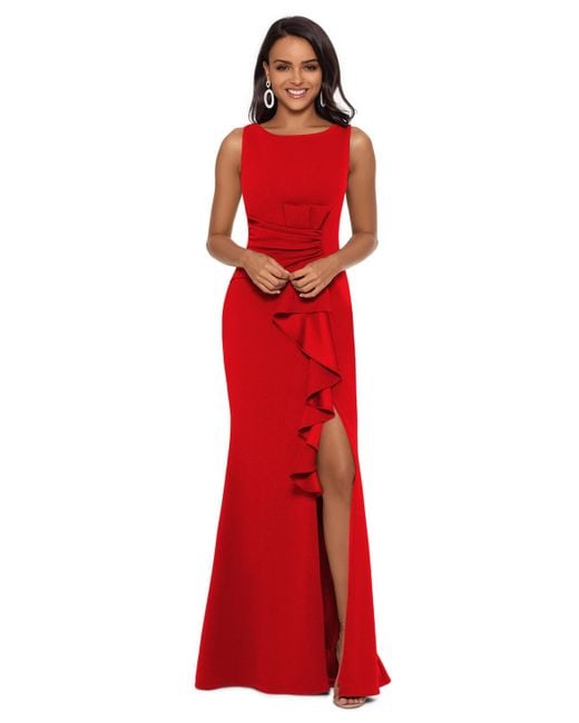 Betsy & Adam Red Petite Ruffled Boat-neck Gown