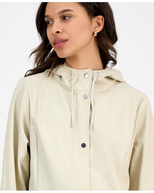 Rains White Tie-waist Snap-front Hooded Rain Coat