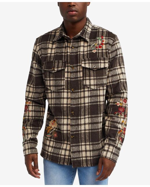 Reason Brown Botanic Embroidered Long Sleeves Overshirt for men