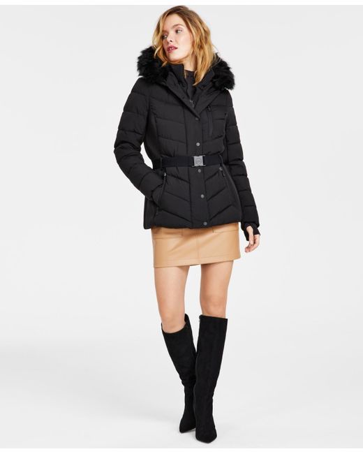 Michael Kors Black Faux-fur-trim Hooded Puffer Coat, Created For Macy's