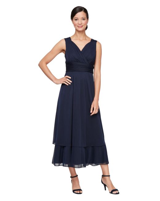 Sl Fashions Blue Surplice-neck Jersey A-line Dress