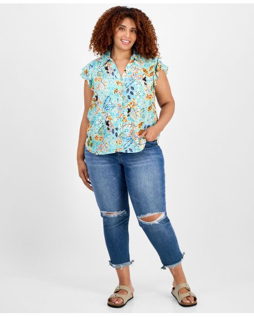 Democracy Blue Trendy Plus Size Printed Flutter-sleeve Top