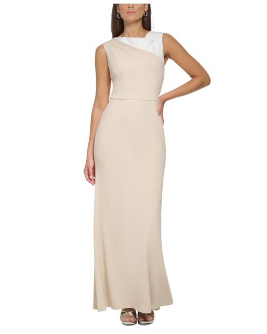 DKNY Natural Colorblocked Cowlneck Sleeveless Gown