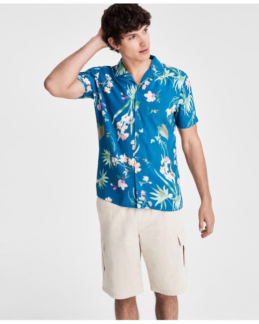 INC International Concepts Blue Antonio Regular-fit Floral Button-down Camp Shirt for men