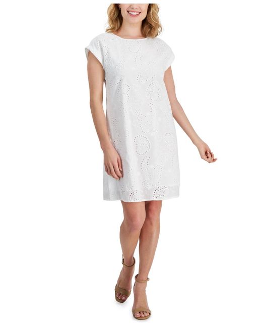 Jones New York White Petite Cotton Eyelet Cap-sleeve Dress