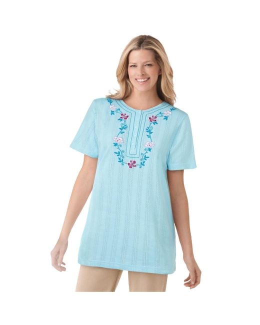 Woman Within Blue Plus Size 7-day Embroidered Pointelle Tunic