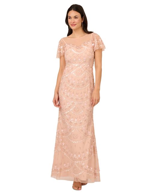 Adrianna Papell Pink Bead Flutter-sleeve Sequin Gown