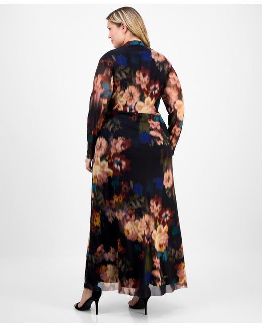 Anne Klein White Plus Size Long-sleeve Twist-front Mesh Maxi Dress