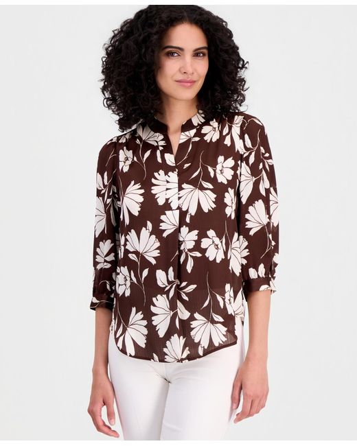 Anne Klein Multicolor Split-neck 3/4-sleeve Top
