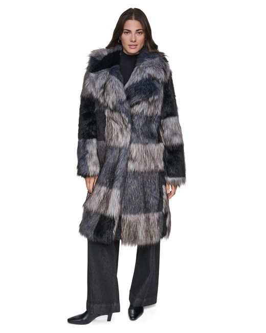 DKNY Black Patchwork Faux Fur Coat