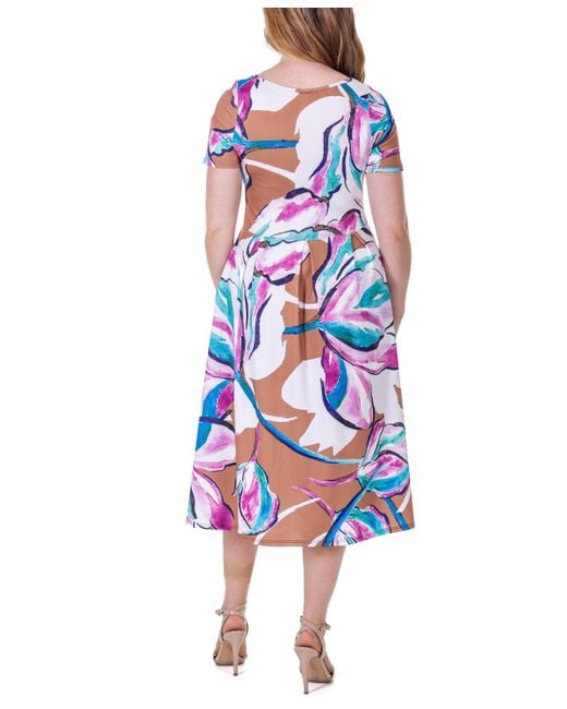 24seven Comfort Apparel White Print Short Sleeve Pleated Flare Midi Pocket Dress