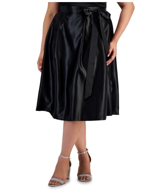 Alex Evenings Black Plus Size Belted Satin A-line Midi Skirt