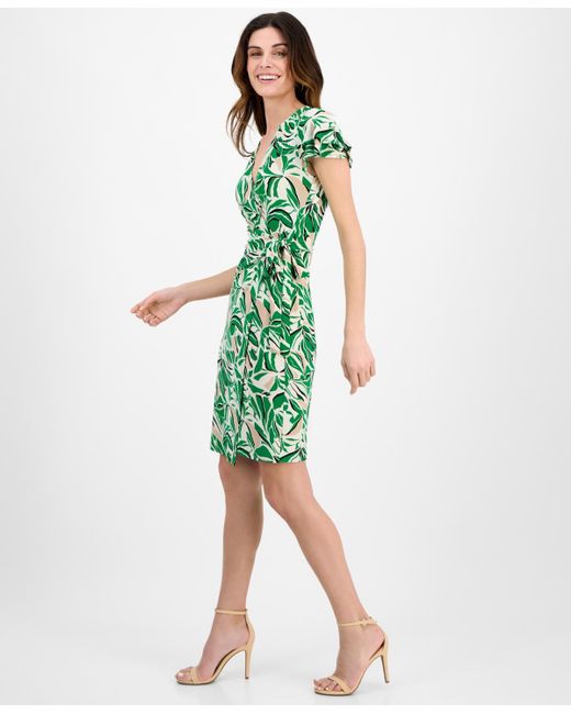 Anne Klein Green Faux-wrap Flutter-sleeve Print Dress