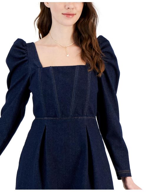 Avec Les Filles Blue Puff Sleeve Cotton Denim A-line Dress