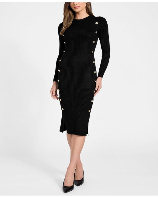 Guess Women's Black Long-sleeve Rib Logo Button Vonn Bodycon Dress