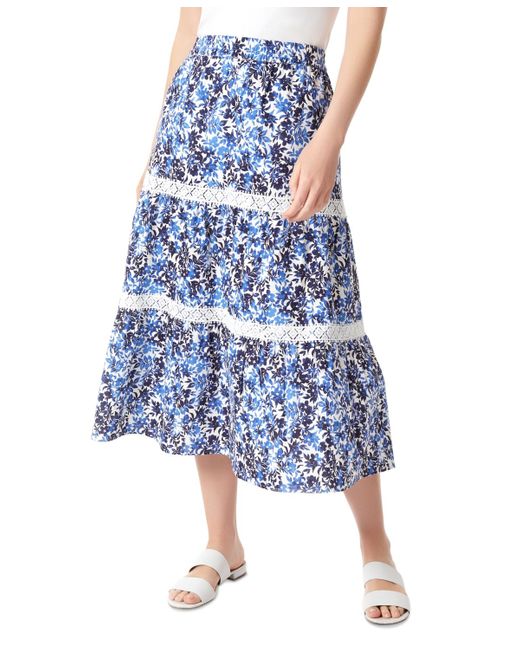 Jones New York Blue Floral-print Lace-trimmed Tiered Pull-on Midi Skirt