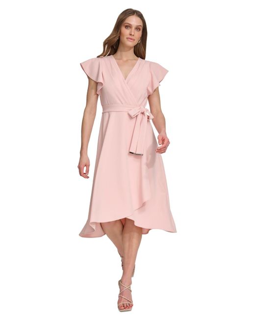 DKNY Pink Flutter-sleeve Tie-waist Faux-wrap Dress