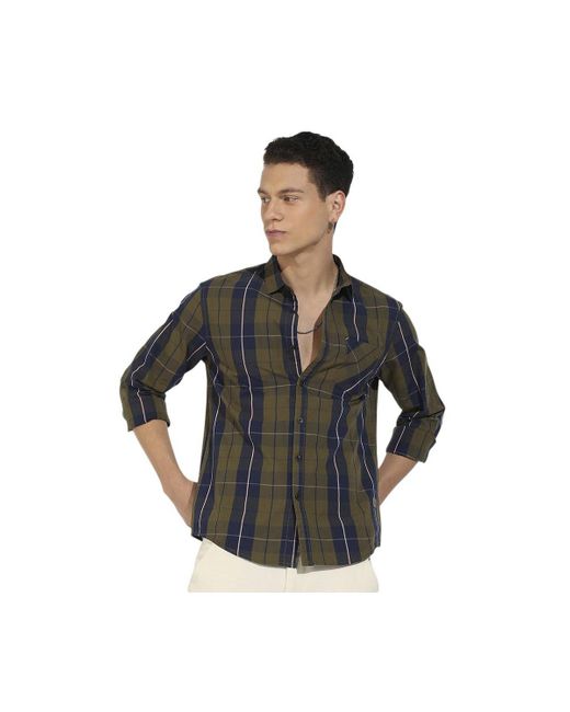 Campus Sutra Black Olive Tartan Plaid Shirt for men