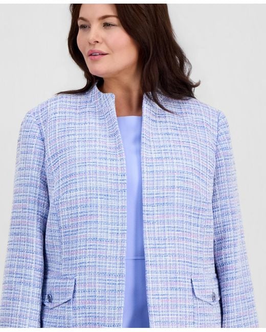 Kasper Blue Plus Size Open-front Tweed Jacket