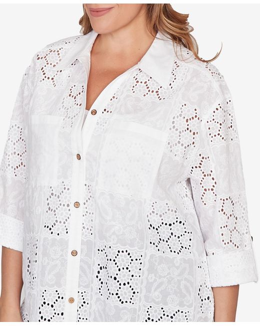 Ruby Rd White Plus Size Patchwork Eyelet Roll-tab Sleeve Top