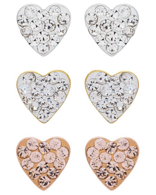 Link Up Metallic Link Up 3-piece Set Crystal Heart Stud Earrings In 18k Gold Over Sterling Silver