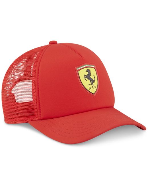 PUMA Red Ferrari Race Logo Shield Snapback Trucker Cap for men