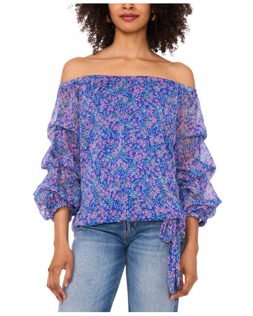 Vince Camuto Blue Printed Off-the-shoulder Bubble-sleeve Top