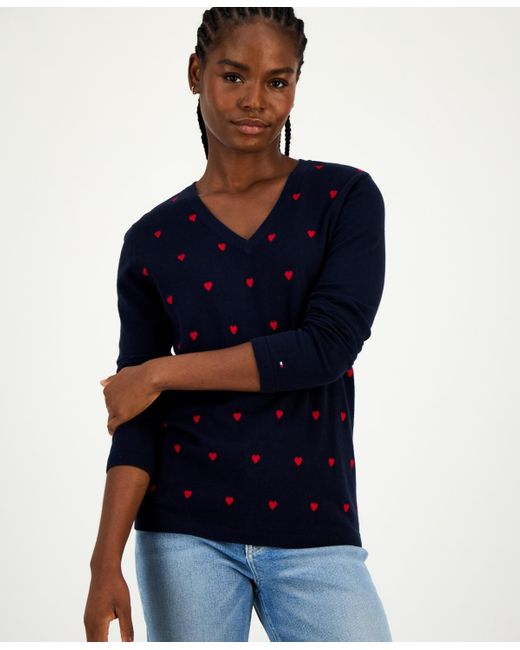 Tommy Hilfiger Women's Blue Cotton Heart V-neck Sweater