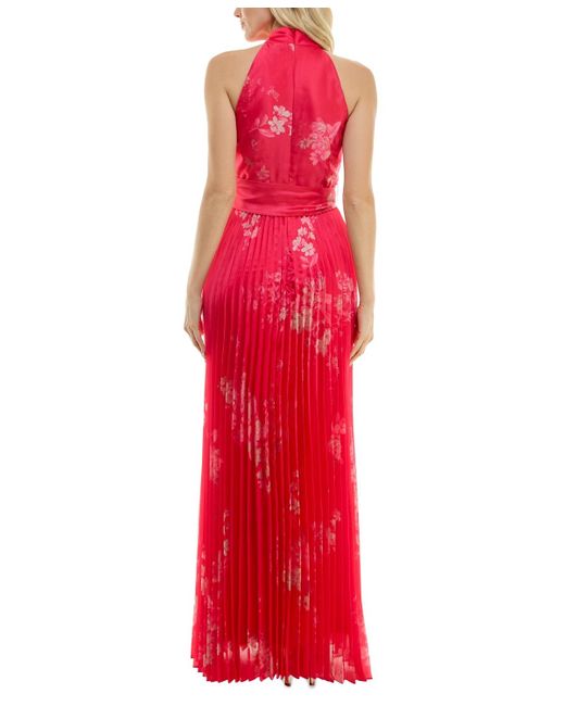 Taylor Red Floral-print Pleated Gown