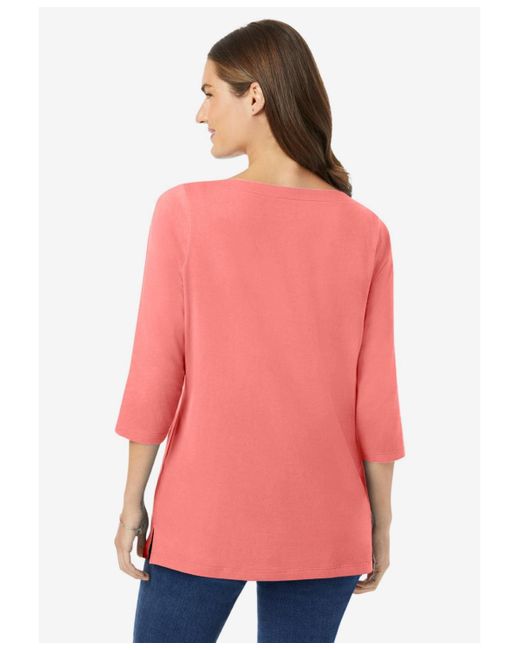 Woman Within Pink Within Perfect Three-quarter Sleeve Boatneck Tee