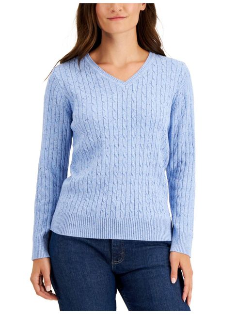 Karen Scott Cotton Cableknit Vneck Sweater, Created For Macy's in