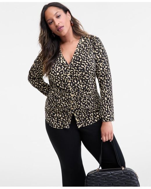 INC International Concepts Black Plus Size Printed V-neck Blouse