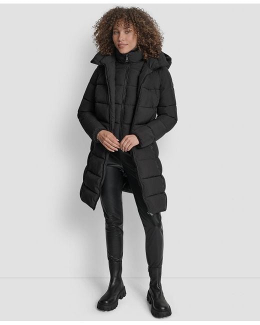 DKNY Black Bibbed Hooded Zip-front Puffer Coat