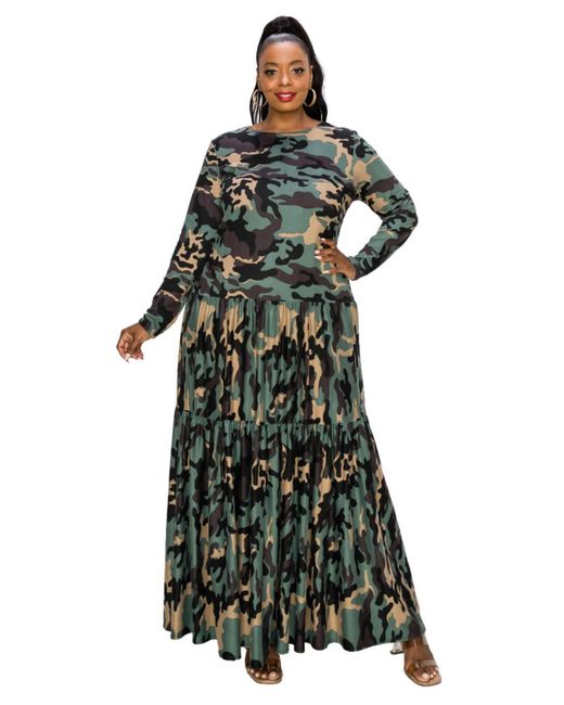 L I V D Plus Size Silvestra Camo Tiered Maxi Dress in Green Lyst