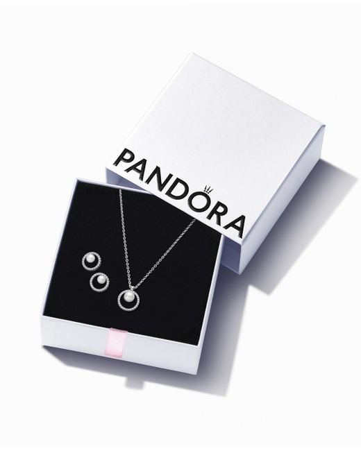 Pandora Black Sterling Pearl Halo Necklace And Earring Gift Set