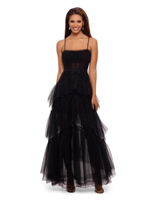 Betsy & Adam Black Petite Mesh Corset Tiered Gown