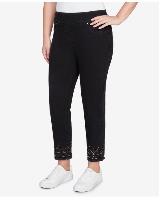 Ruby Rd Black Petite Pull On Embroidered Hem Ankle Jeans