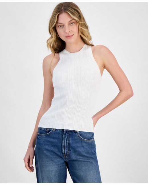 HUGO White Crewneck Ribbed Knit Sleeveless Top